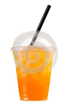 orange soda with ice in takeaway cup isolated on white background