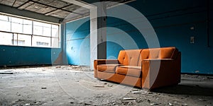 Orange sofa, blue background, abandoned