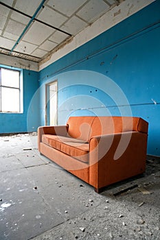 Orange sofa, blue background, abandoned
