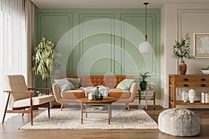 Orange sofa in cozy living room interior with pastel green wall and wood furniture. Wall mockup, 3d rendering