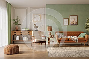 Orange sofa in cozy living room interior with pastel green wall and wood furniture. Wall mockup, 3d rendering