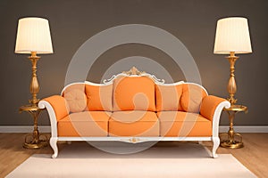 Orange sofa with lamp in the living room.
