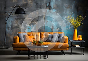 Orange sofa with orange and gray pillows, old blue background by Generative AI