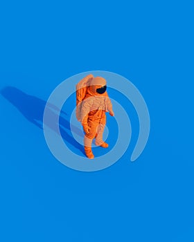 Orange spaceman astronaut retro space suit 90s 80s sunlight gen z blue background