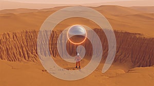 Orange Spaceman Spacewoman With Large Alien Silver Sphere Glowing Orange Crater Desert Sand Dune Sci Fi Astronaut Cosmonaut