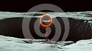 Orange Spaceman Spacewoman With Large Alien Silver Sphere Glowing Orange Crater on the Moon Sci Fi Astronaut Cosmonaut Moonscape