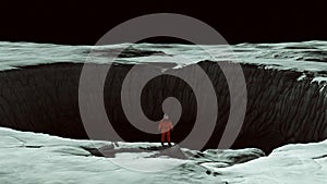 Orange Spaceman Spacewoman Standing on the Edge of a Large Crater on the Moon Sci Fi Astronaut Cosmonaut Moonscape