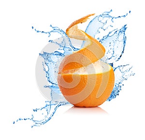 Orange in splash of water isolated