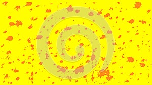 Orange splashes on yellow background. Dried red blobs in messy creative dash stains
