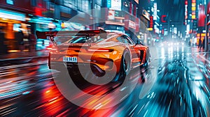 Orange sport car on the road in the city at night with motion blur