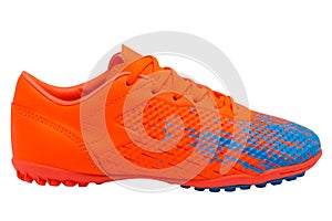 Orange sports boots or sneakers for playing soccer, on white background