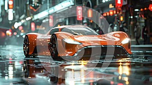 an orange sports car is driving down a wet city street at night