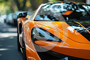 An orange sports car is parked on the side of the road, its sleek design drawing attention, An orange sports car with black racing