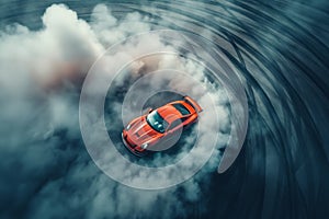 Orange Sports Car Performing a Smoky Donut on an Asphalt Surface, Captured From Above