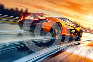 An orange sports car races along a dynamic race track, showcasing its power and speed in the exhilarating environment, A sports