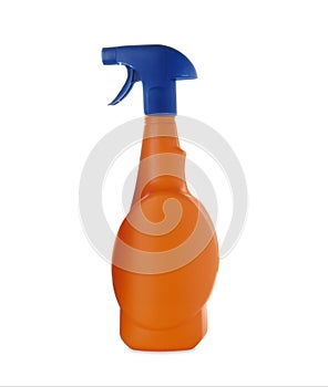 Orange spray bottle of cleaning product isolated on white