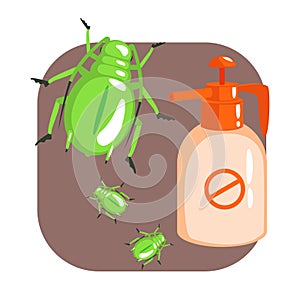 Orange sprayer bottle of green longhorn beetle insecticide. Colorful cartoon illustration