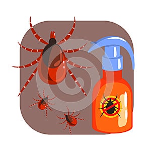 Orange sprayer of mite or tick insecticide and tick parasite. Colorful cartoon illustration