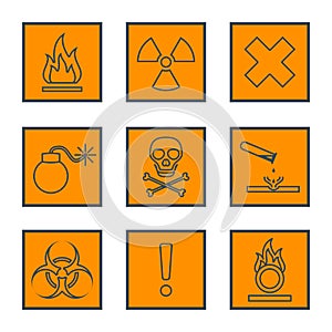 Orange square black outline hazardous waste symbols warning sign