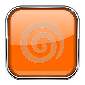 Orange square button. Shiny 3d icon with metal frame