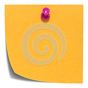 Orange square sticky note, with pink pin, isolated