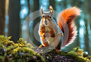 an orange squirrel sitting on top of a tree trunk in the forest