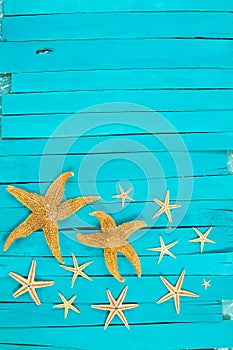 Orange starfish on blue wooden boards. Vacation, travel concept