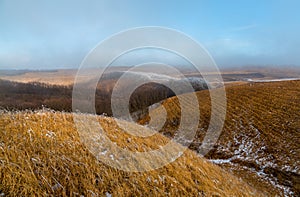 Orange steppe in the snow, hoarfrost.