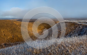 Orange steppe in the snow, hoarfrost.