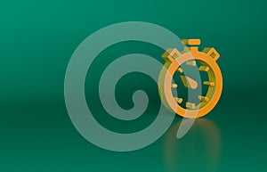 Orange Stopwatch icon isolated on green background. Time timer sign. Chronometer sign. Minimalism concept. 3D render