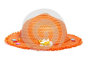 Orange straw Panama hat isolated on white background