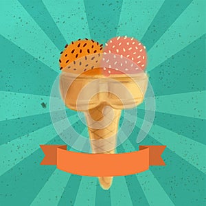 Orange and strawberry cone ice cream on a turquoise background