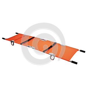 The orange stretcher is made of canvas. This tool serves to lift people who are sick or in an accident