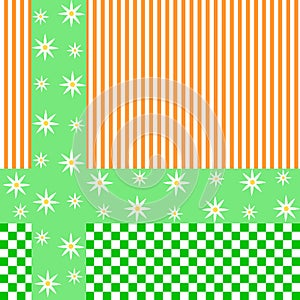 Orange stripes, green checkerboard pattern and marguerites