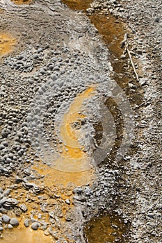 Orange stripes in hot spring runoff over limestone rock, Yellowstone.