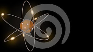 Orange stylized atom and electron orbits. Scientific backdrop with free space for inscriptions. Nuclear, physics, atomic