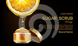 Orange sugar scrub cosmetics jar ad banner mockup.
