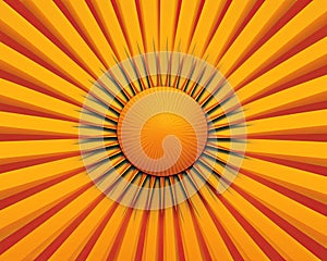 an orange sunburst background with a sun in the center