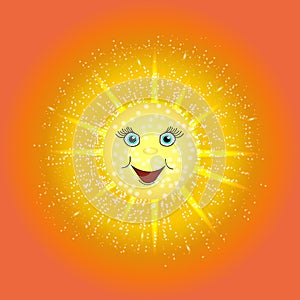 Orange sunburst background Vector yellow sun with rays and glow on red background. Sun Sunburst Vector illustration