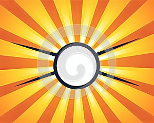 an orange sunburst background with a white circle in the center