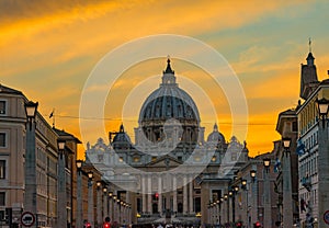 Orange Sunset Street Lights Saint Peter& x27;s Basilica Vatican Rome Italy