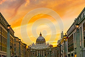 Orange Sunset Street Lights Saint Peter& x27;s Basilica Vatican Rome Italy