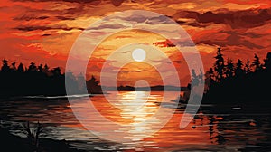 Orange Sunset Painting On The Lake - Simplistic Vector Art