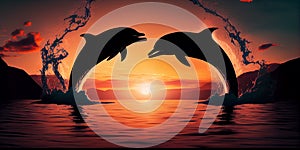Orange sunset at the sea and two beautiful playful dolphins jumping up from water. Ai generative