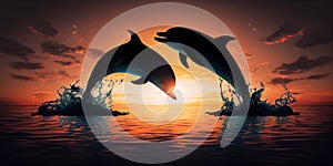 Orange sunset at the sea and two beautiful playful dolphins jumping up from water. Ai generative