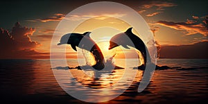 Orange sunset at the sea and two beautiful playful dolphins jumping up from water. Ai generative