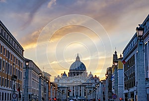Orange Sunset Street Lights Saint Peter& x27;s Basilica Vatican Rome Italy