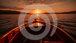 Orange sunset on tranquil seas, nautical vessel sails towards beauty generated by AI
