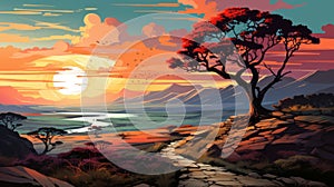Orange Sunset Tree Painting: African-inspired Landscape Art