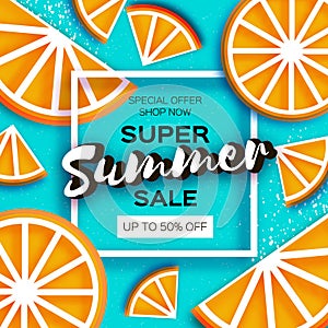 Orange Super Summer Sale Banner in paper cut style. Origami juicy ripe mandarin citrus slices. Healthy food on blue